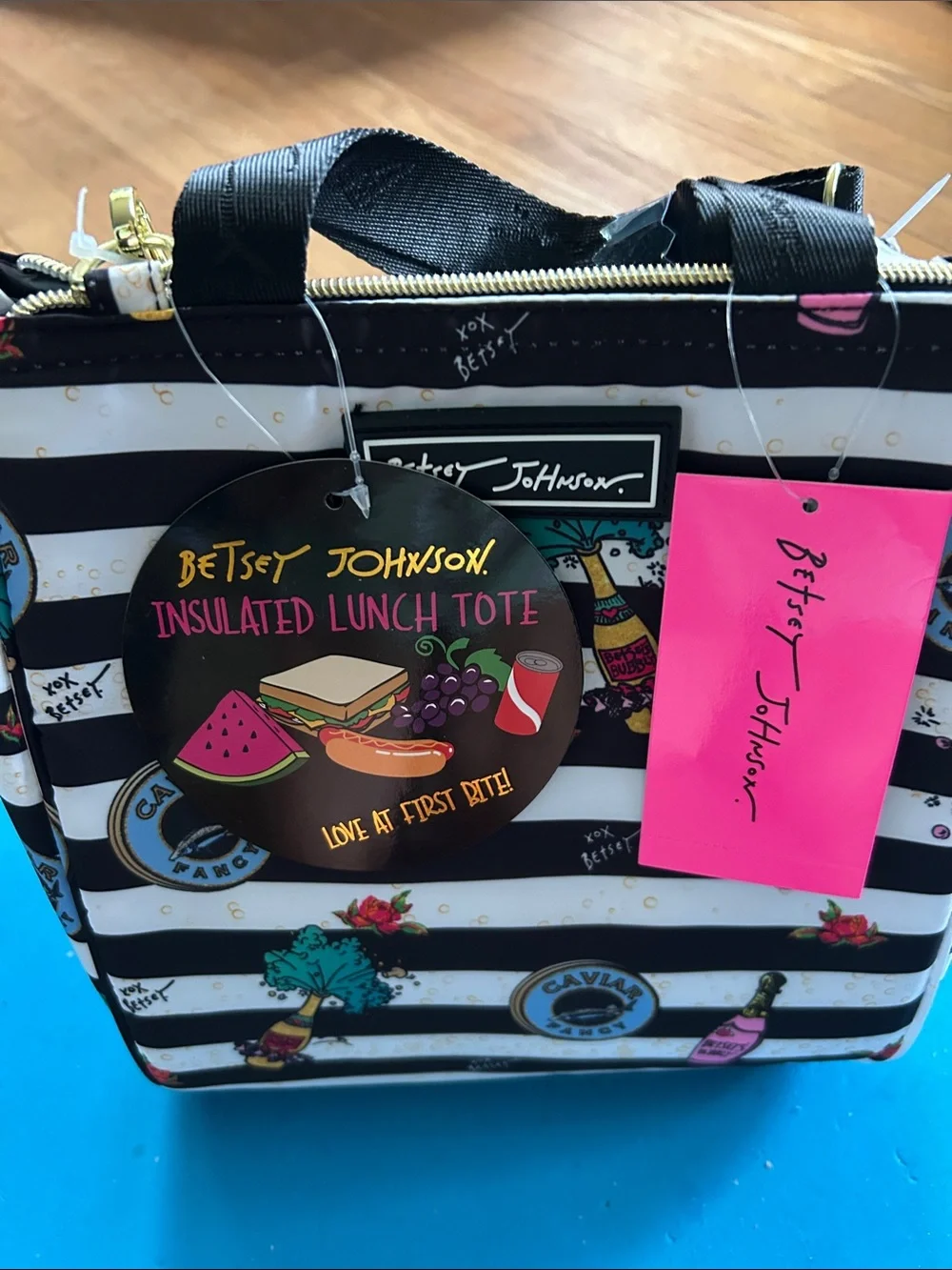Betsey Johnson Black & White Striped Insulated Lunch Tote with Food Print